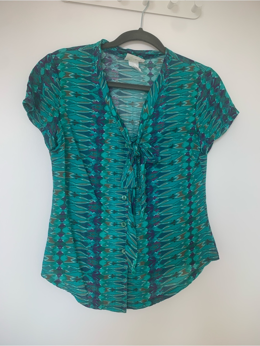Vintage Artisan Silk blended Teal Patterned Tie-Front Blouse
